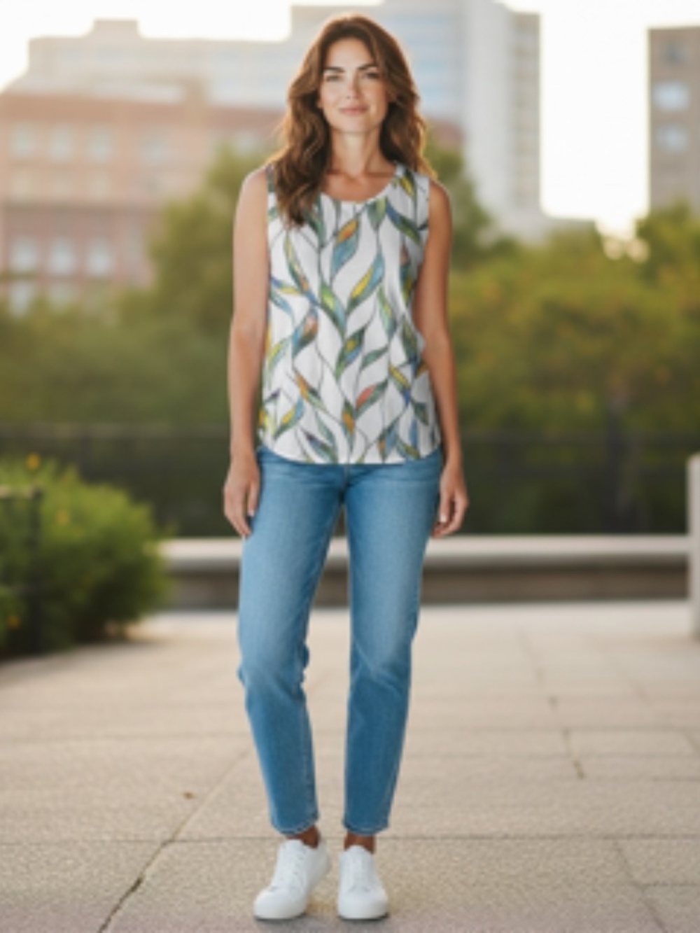 Xieerduo Sleeveless Crew Neck Watercolor Stained-Glass Leaf Print Top Size XXL